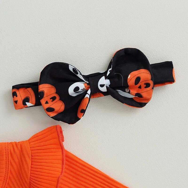 Kislányok Halloween Ruhák Hosszú ujjú Romper és Ghost Pumpkin Print kiszélesedő nadrág fejpánt 3 részes ruhák