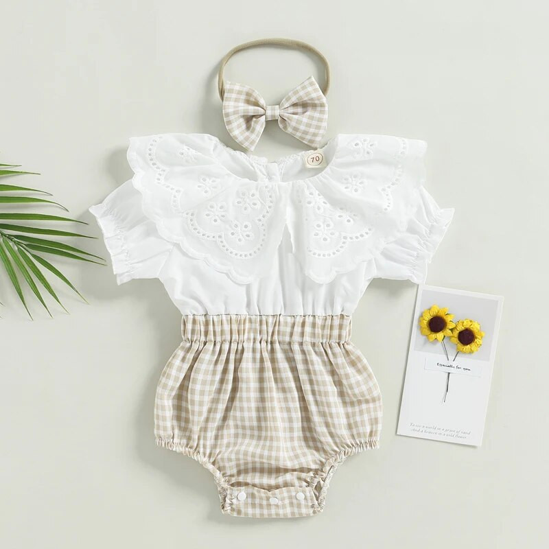 2 DB Totyogó Gyerekek Kislány Ruhák Nyak Fodros Kockás Patchwork Jumpsuit nyári Ujjatlan Body Napsuit Outfitek Fejpánt