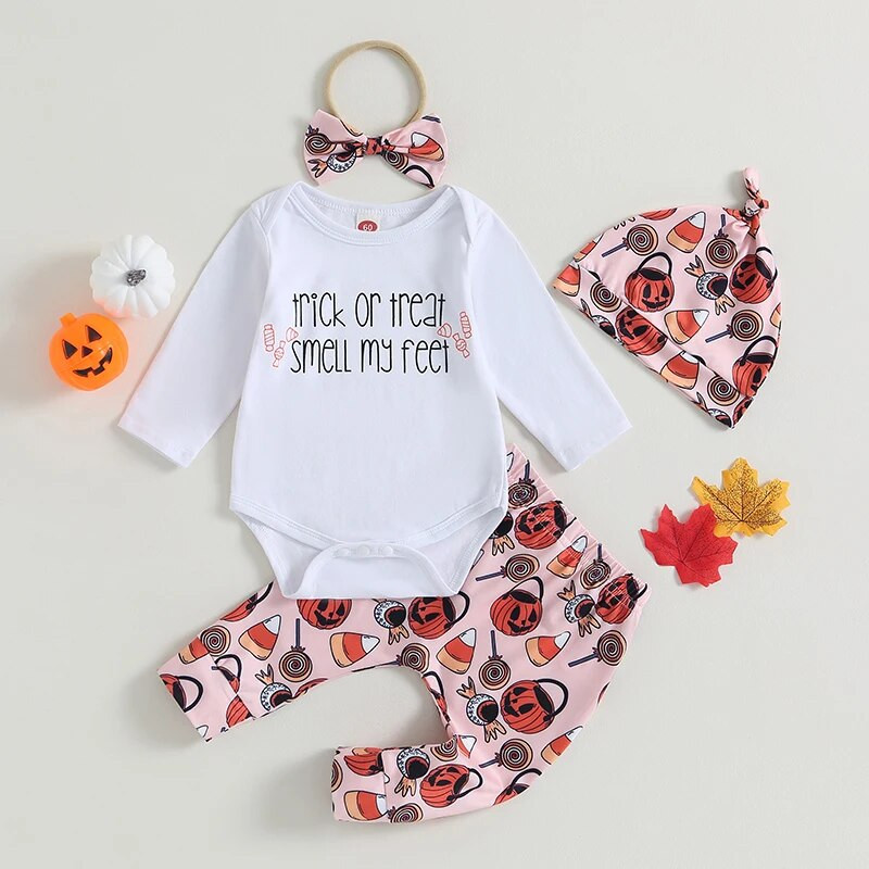 Kislányok őszi ruha, hosszú ujjú betűk, nyomott nadrág élelmiszernyomtatás nadrágok fejpánt kalap Halloween ruhák