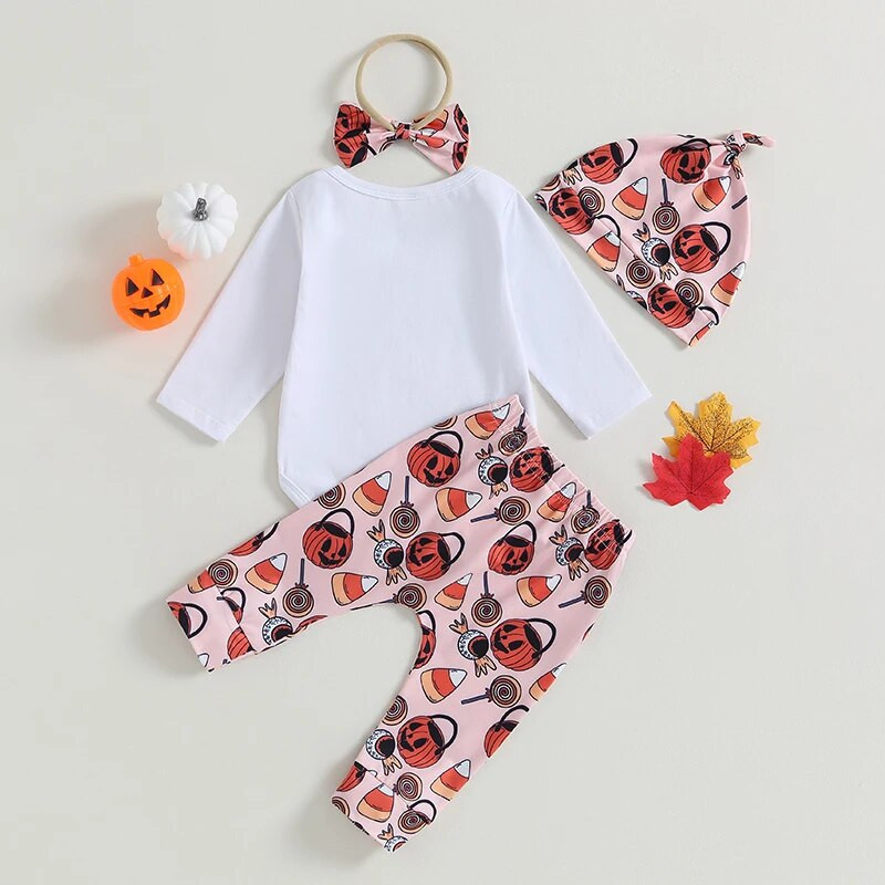 Kislányok őszi ruha, hosszú ujjú betűk, nyomott nadrág élelmiszernyomtatás nadrágok fejpánt kalap Halloween ruhák
