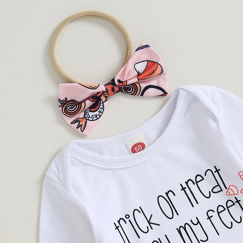 Kislányok őszi ruha, hosszú ujjú betűk, nyomott nadrág élelmiszernyomtatás nadrágok fejpánt kalap Halloween ruhák