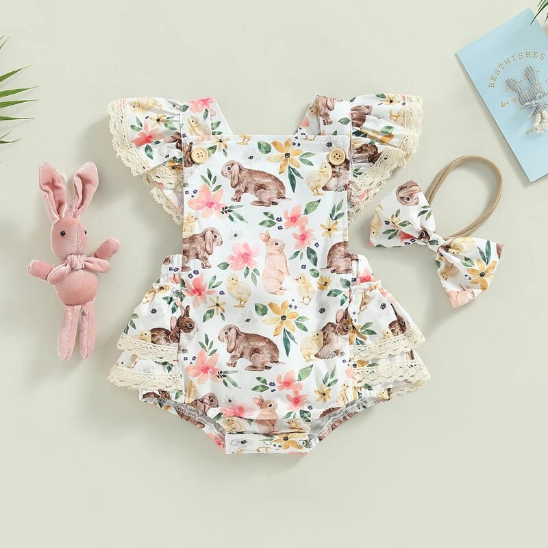 Kislány 2db húsvéti ruhák, légy ujjú, négyzet alakú nyakú fodros fodros masnis fejpánt készlettel