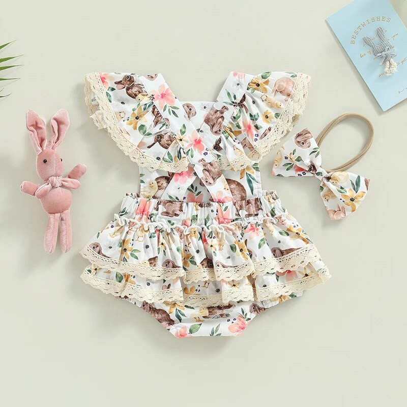 Kislány 2db húsvéti ruhák, légy ujjú, négyzet alakú nyakú fodros fodros masnis fejpánt készlettel