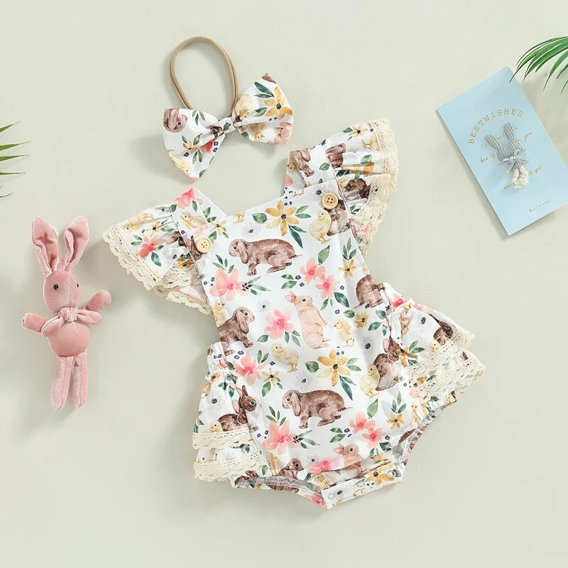 Kislány 2db húsvéti ruhák, légy ujjú, négyzet alakú nyakú fodros fodros masnis fejpánt készlettel