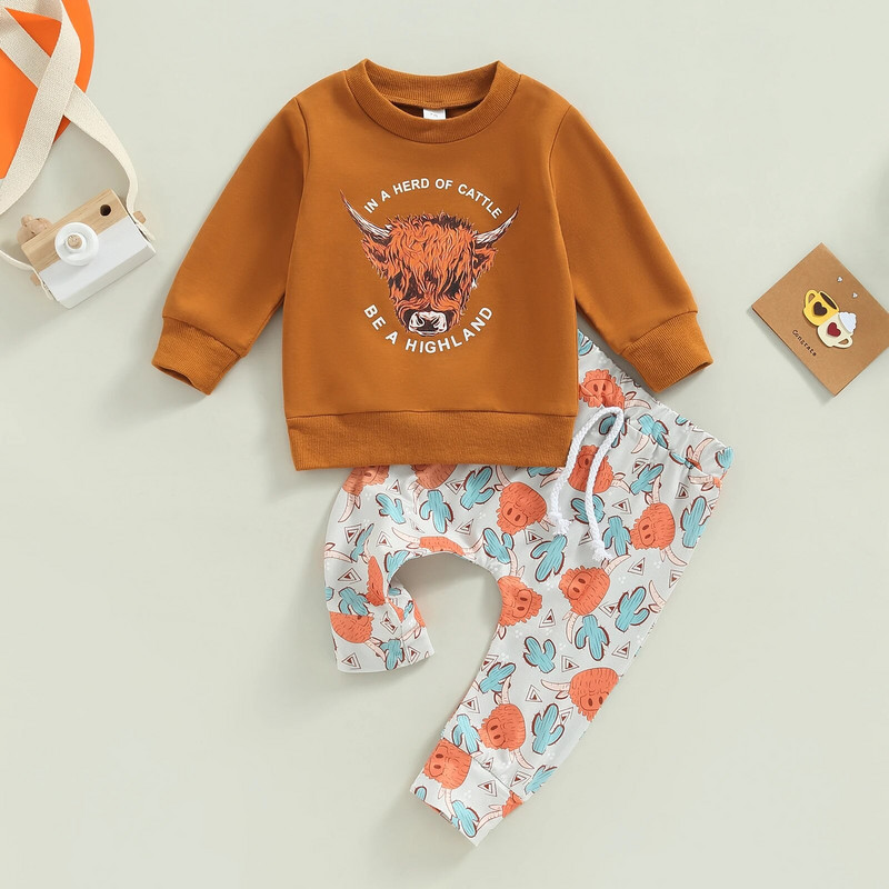 ma&baby 0-3Y Újszülött Kisgyermek Kisbaba Fiúk Lányok Ruhakészlet Cowboy Tehén Levelek Felsők Nadrágok Őszi Tavaszi Ruházat Felszerelések