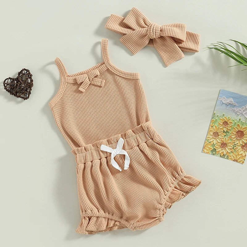 Kislányok 3 db-os ruhák nyári ujjatlan gofri kötött nadrág + rövidnadrág + fejpánt szett