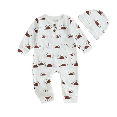 ma&baby 0-18M Νεογέννητο Βρέφος Βρέφος Κοριτσάκι Ολόσωμη φόρμα ηλίου με τύπωμα κουμπί Μακρυμάνικο ρόμπα τσέπης + καπέλο φθινοπωρινά ανοιξιάτικα ρούχα