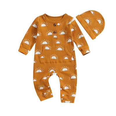 ma&baby 0-18M Νεογέννητο Βρέφος Βρέφος Κοριτσάκι Ολόσωμη φόρμα ηλίου με τύπωμα κουμπί Μακρυμάνικο ρόμπα τσέπης + καπέλο φθινοπωρινά ανοιξιάτικα ρούχα