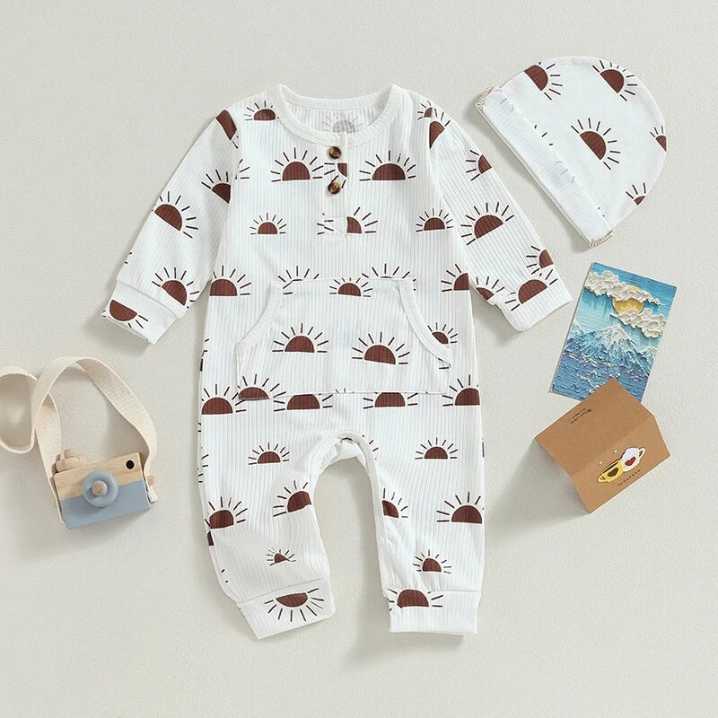 ma&baby 0-18M újszülött csecsemő baba fiú lány jumpsuit Sun Print Gomb hosszú ujjú zsebnadrág + sapka őszi tavaszi ruházat