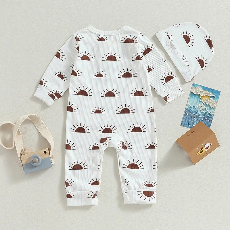 ma&baby 0-18M újszülött csecsemő baba fiú lány jumpsuit Sun Print Gomb hosszú ujjú zsebnadrág + sapka őszi tavaszi ruházat
