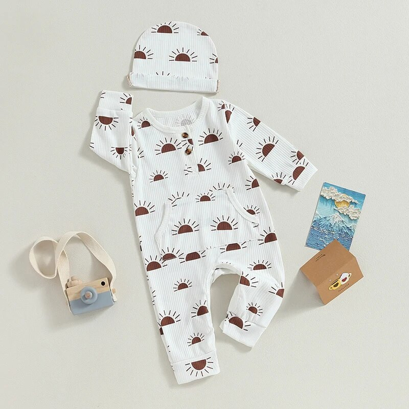 ma&baby 0-18M újszülött csecsemő baba fiú lány jumpsuit Sun Print Gomb hosszú ujjú zsebnadrág + sapka őszi tavaszi ruházat