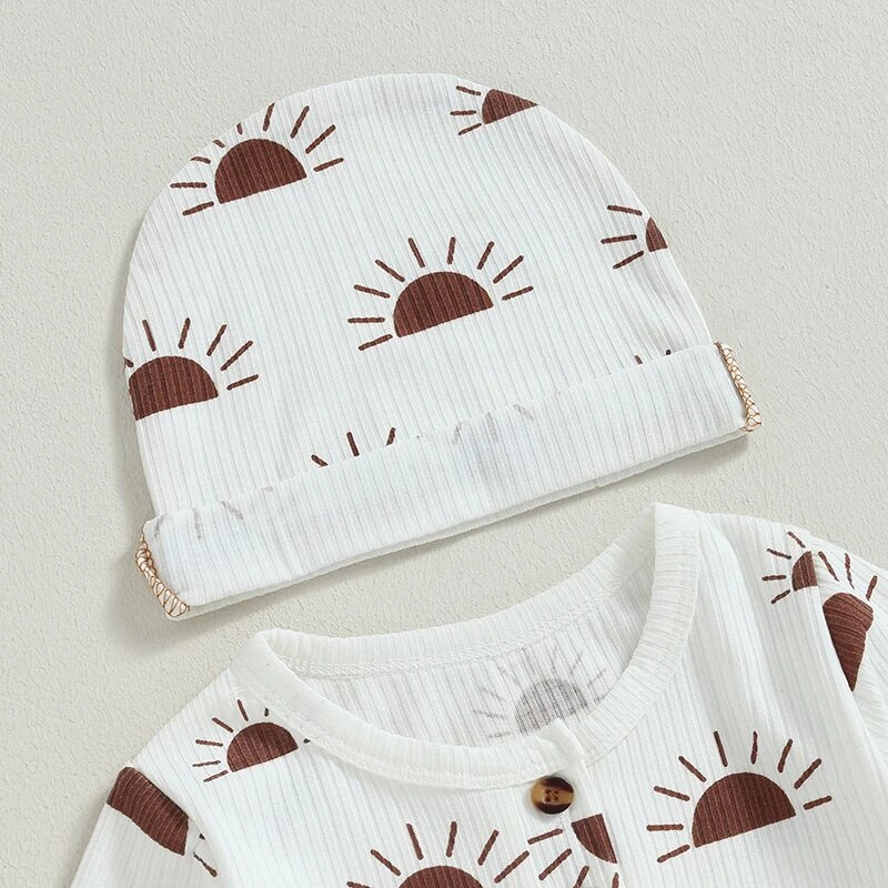 ma&baby 0-18M újszülött csecsemő baba fiú lány jumpsuit Sun Print Gomb hosszú ujjú zsebnadrág + sapka őszi tavaszi ruházat