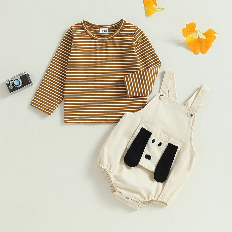 Tipegő lányok 2 részes ruházat, csíkos hosszú ujjú ing és aranyos rajzfilm, kutyanadrágos nadrág, nyári ruha szett