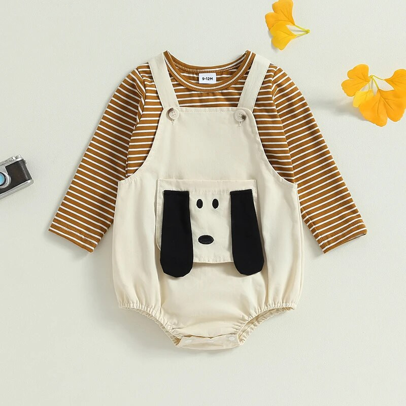 Tipegő lányok 2 részes ruházat, csíkos hosszú ujjú ing és aranyos rajzfilm, kutyanadrágos nadrág, nyári ruha szett