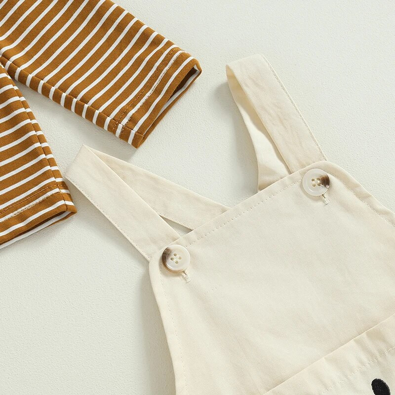 Tipegő lányok 2 részes ruházat, csíkos hosszú ujjú ing és aranyos rajzfilm, kutyanadrágos nadrág, nyári ruha szett