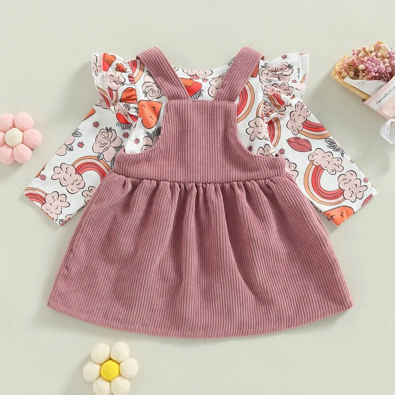 2 db-os Baby Girl tavaszi ruhák, hosszú ujjú fodros body + kordbársony teljes ruha szett