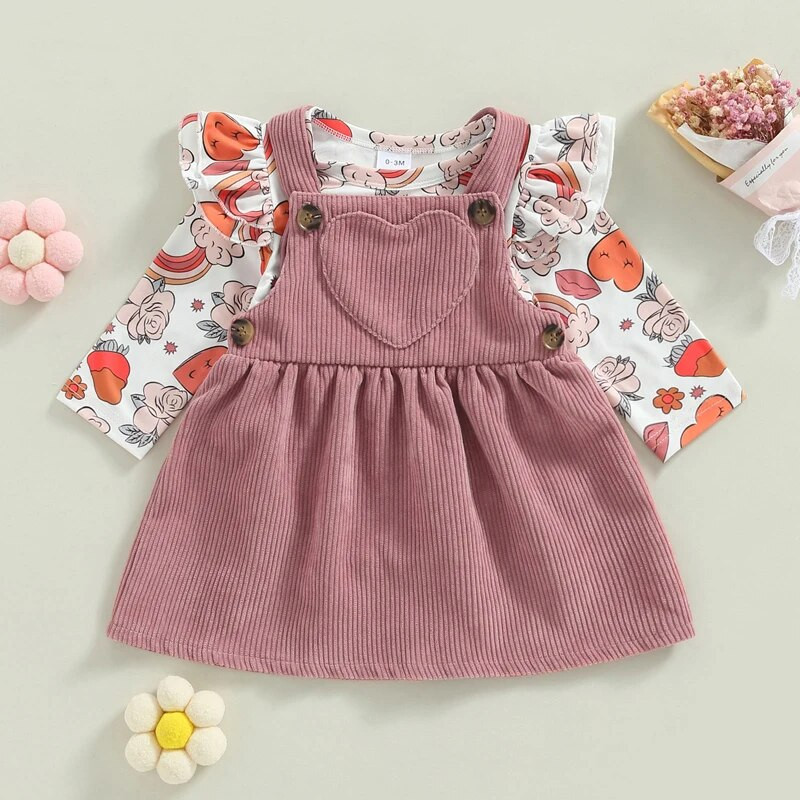 2 db-os Baby Girl tavaszi ruhák, hosszú ujjú fodros body + kordbársony teljes ruha szett