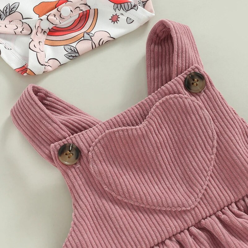 2 db-os Baby Girl tavaszi ruhák, hosszú ujjú fodros body + kordbársony teljes ruha szett