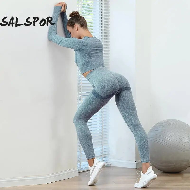 SALSPOR női fitnesz jóga öltöny sport tornaterem hosszú ujjú csípőnadrág edzés 2 db szett Ruhák női együttes sport kerékpáros ruházat
