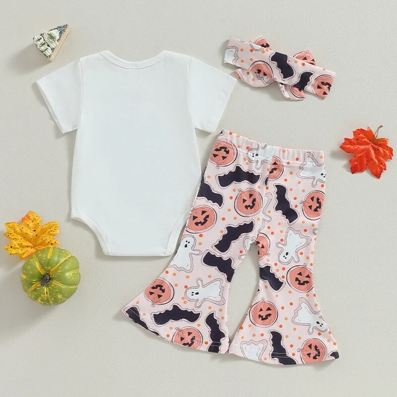 Csecsemő lány halloween ruhák levél rövid ujjú szőnyeg sütőtök szellemmintás flare nadrág fejpánt szett felszerelés