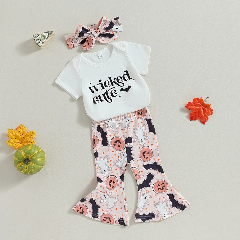 Csecsemő lány halloween ruhák levél rövid ujjú szőnyeg sütőtök szellemmintás flare nadrág fejpánt szett felszerelés