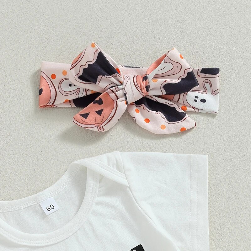 Csecsemő lány halloween ruhák levél rövid ujjú szőnyeg sütőtök szellemmintás flare nadrág fejpánt szett felszerelés