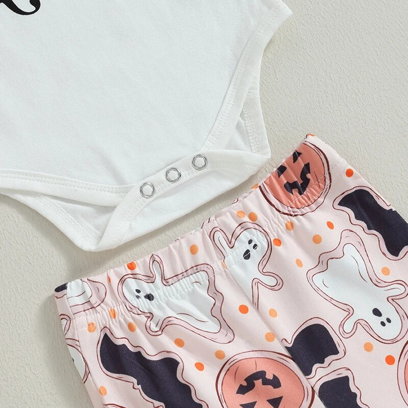 Csecsemő lány halloween ruhák levél rövid ujjú szőnyeg sütőtök szellemmintás flare nadrág fejpánt szett felszerelés