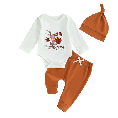 ma&Baby 0-12M 2η Ημέρα των Ευχαριστιών Νεογέννητο Βρέφος Κορίτσια Αγόρια Σετ Ρούχα Γράμμα Γαλοπούλα Κέντημα Ρόμπερ Παντελόνια Καπέλο Στολές