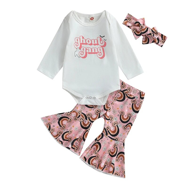 Kislány őszi ruha, hosszú ujjú, betűs nyomat, sütőtök mintás lobogó nadrággal és fejpántos Halloween ruhákkal