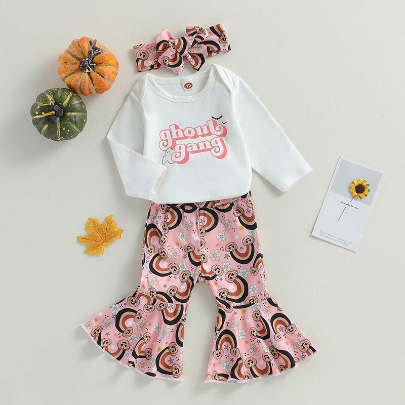 Kislány őszi ruha, hosszú ujjú, betűs nyomat, sütőtök mintás lobogó nadrággal és fejpántos Halloween ruhákkal