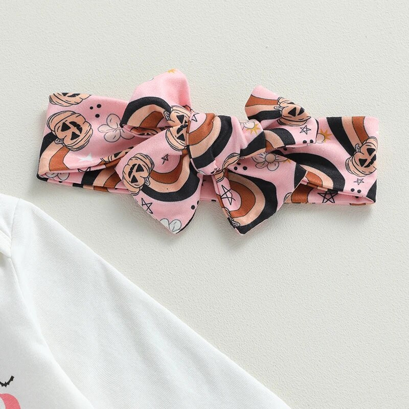 Kislány őszi ruha, hosszú ujjú, betűs nyomat, sütőtök mintás lobogó nadrággal és fejpántos Halloween ruhákkal