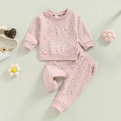 Baby Girls Activewear Outfit Virágmintás hosszú ujjú pulóver pulóver felsők és Stretch alkalmi nadrág szett