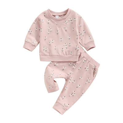 Baby Girls Activewear Outfit Floral Print Μακρυμάνικο πουλόβερ Φούτερ μπλούζες και Stretch Casual Παντελόνι