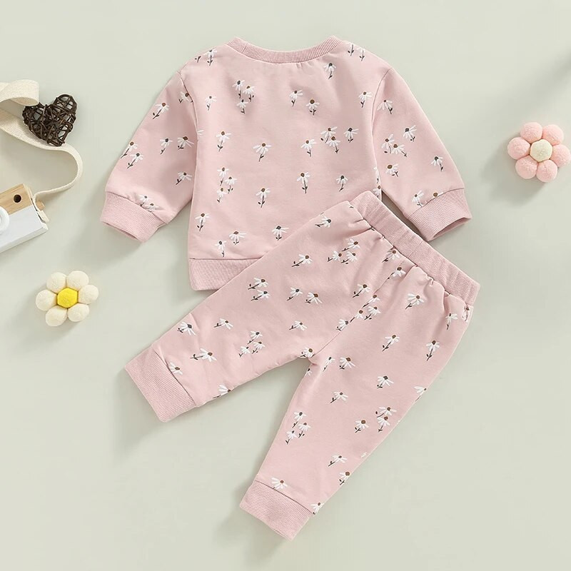 Baby Girls Activewear Outfit Virágmintás hosszú ujjú pulóver pulóver felsők és Stretch alkalmi nadrág szett