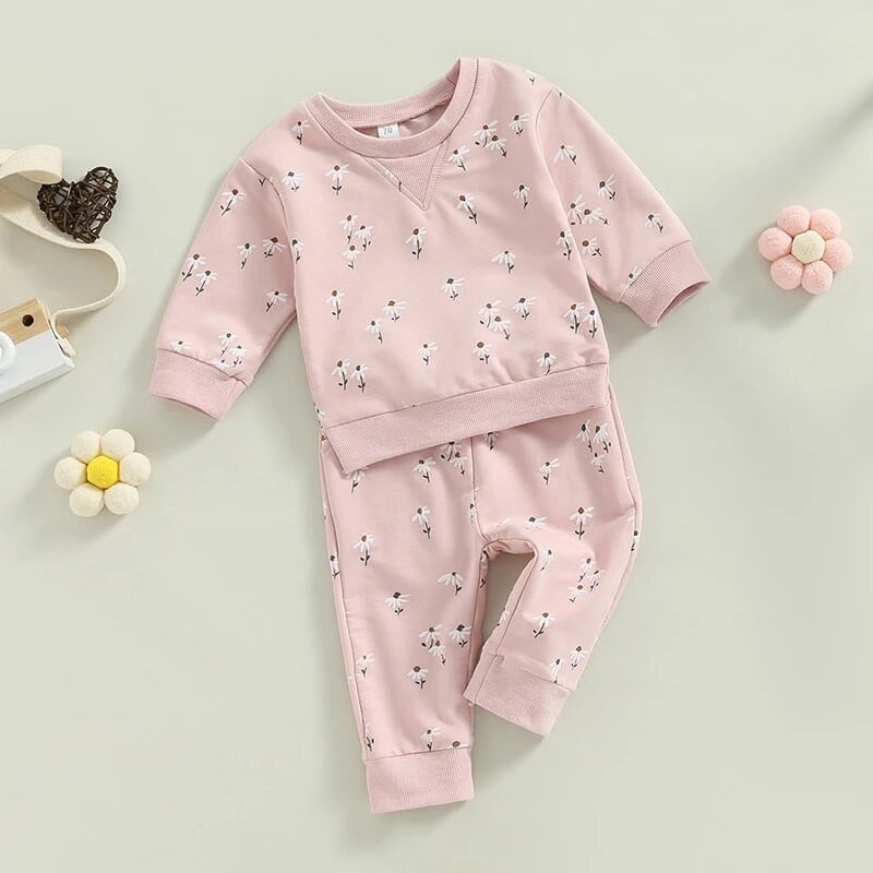Baby Girls Activewear Outfit Virágmintás hosszú ujjú pulóver pulóver felsők és Stretch alkalmi nadrág szett