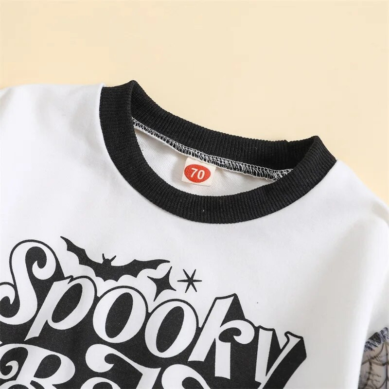 Kislányok Halloween ruhák, denevér betűkkel nyomtatott hosszú ujjú pulóver és rugalmas alkalmi nadrág szett, 2 részes őszi ruha