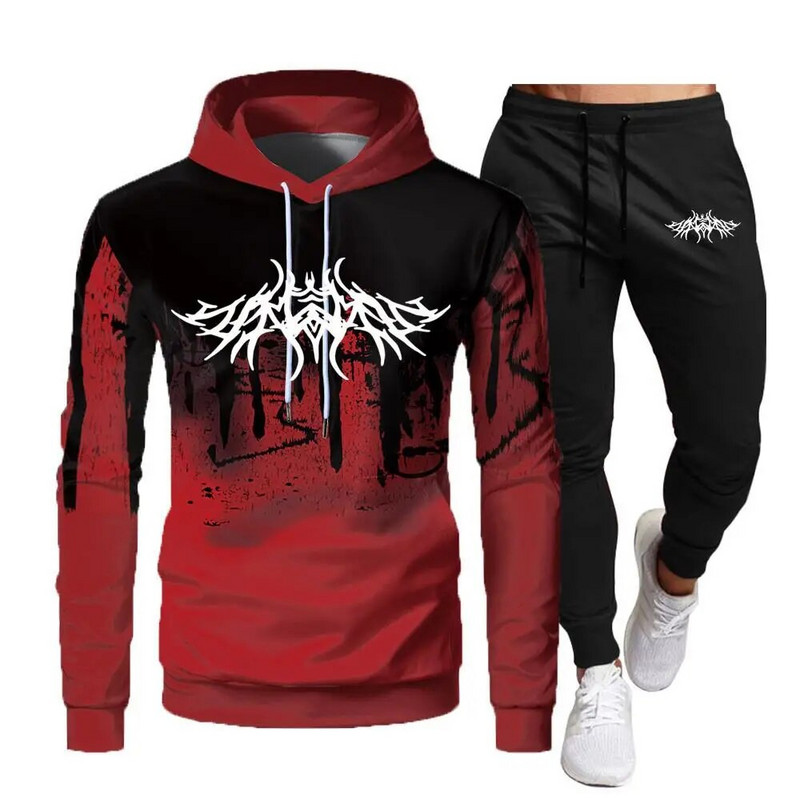 Férfi kapucnis öltöny, hosszú ujjú, kocogó márka sportlécek őszi tél férfi kétrészes szett Túlméretes kapucnis utcai ruha