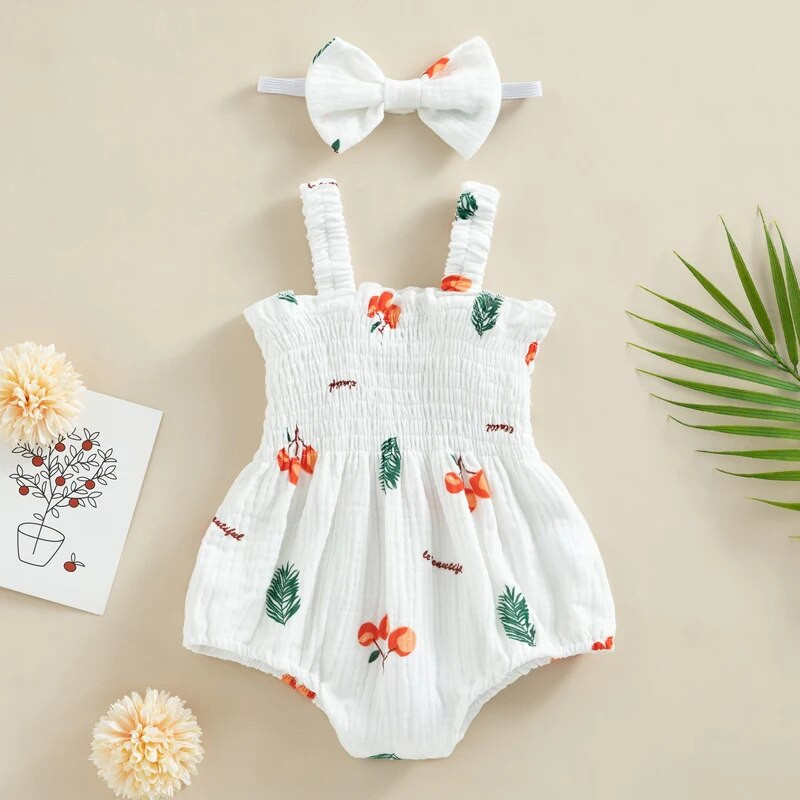 Nyári Baba Lányok Nyomtatók Ruhák Csecsemők Újszülött Lányok Sárgarépamintás Ujjatlan pamut vászon bodyk Jumpsuitek Fejpántos ruhák