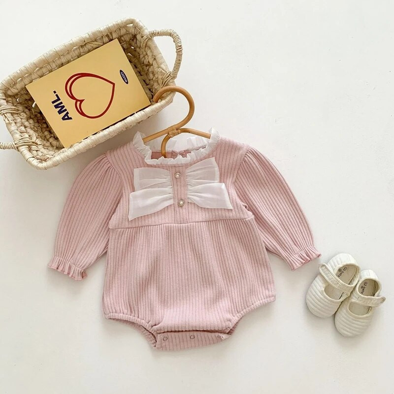 Csecsemő újszülött baba lány nadrág, hosszú ujjú, masnis nyakú patchwork testruha hétköznapi használatra