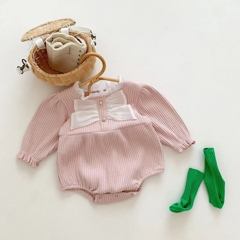 Csecsemő újszülött baba lány nadrág, hosszú ujjú, masnis nyakú patchwork testruha hétköznapi használatra