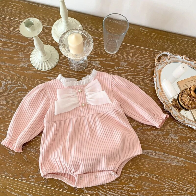 Csecsemő újszülött baba lány nadrág, hosszú ujjú, masnis nyakú patchwork testruha hétköznapi használatra