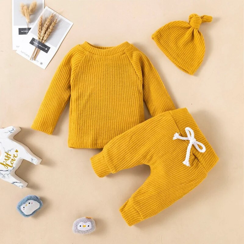 Gyermek kötés egyszínű, hosszú ujjú felső pulóver sapka kislány fiú nadrág tipegő háromrészes öltönyök ruhák