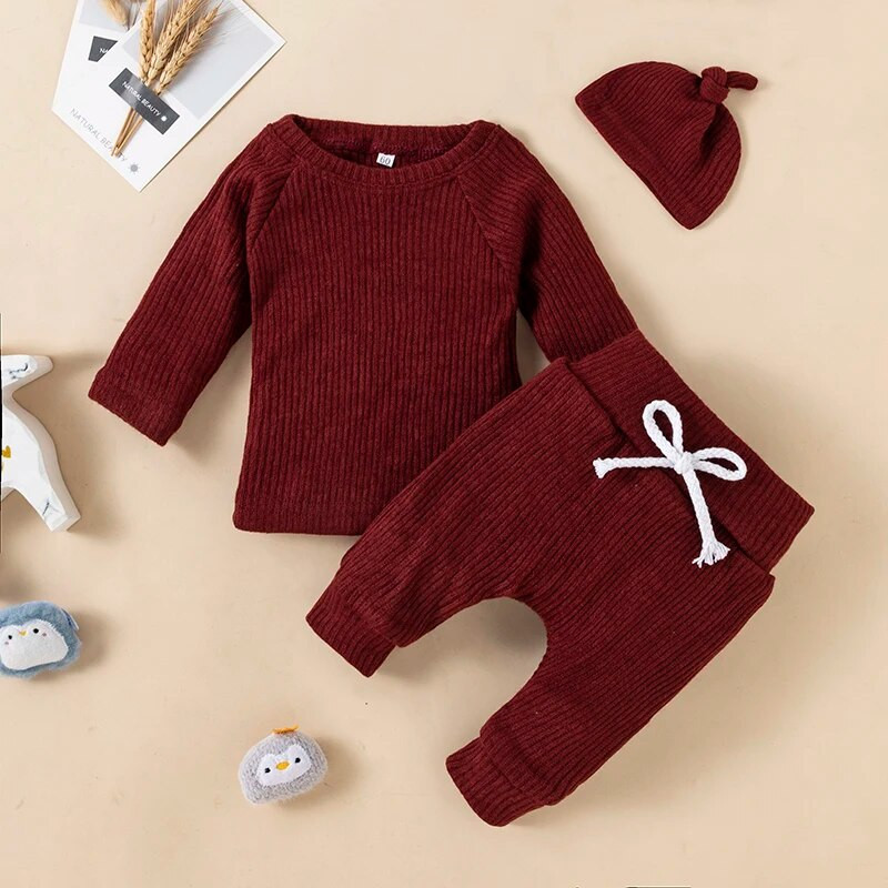 Gyermek kötés egyszínű, hosszú ujjú felső pulóver sapka kislány fiú nadrág tipegő háromrészes öltönyök ruhák