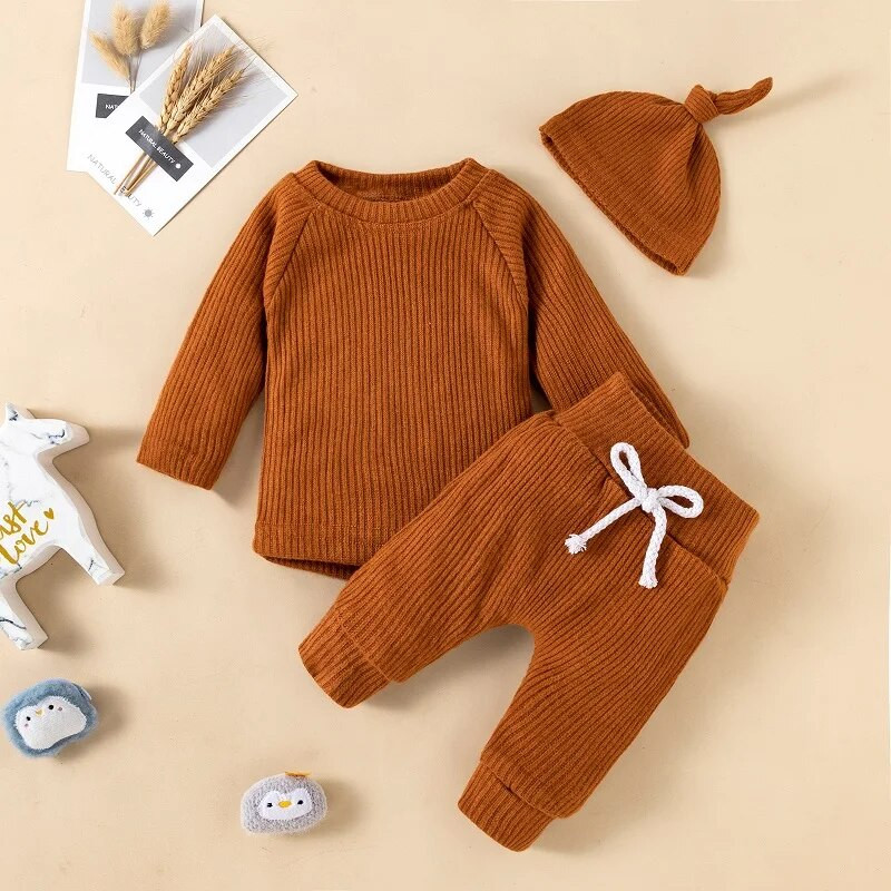 Gyermek kötés egyszínű, hosszú ujjú felső pulóver sapka kislány fiú nadrág tipegő háromrészes öltönyök ruhák