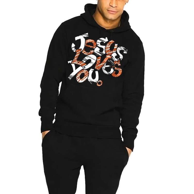 Férfi sportruha Jesus Loves You Nyomtatott kapucnis kapucnis kapucnis kapucnis kapucnis + kocogó alkalmi hosszú nadrág Design férfi golf nagy méretű napi utcai viselet