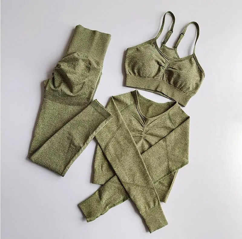 3 db-os jógakészlet sportruha, hosszú ujjú Crop felső, magas derekú leggings, varrat nélküli edzőtermi tréningruha Fitness edzés ruházat női sportruházat