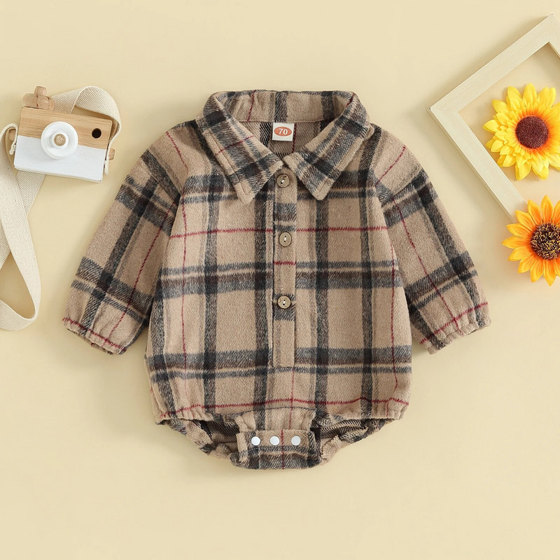 Tavaszi őszi újszülött babaruhák divatos kockás mintás kombiné lányoknak fiúknak hajtóka hosszú ujjú gombos tipegő póló
