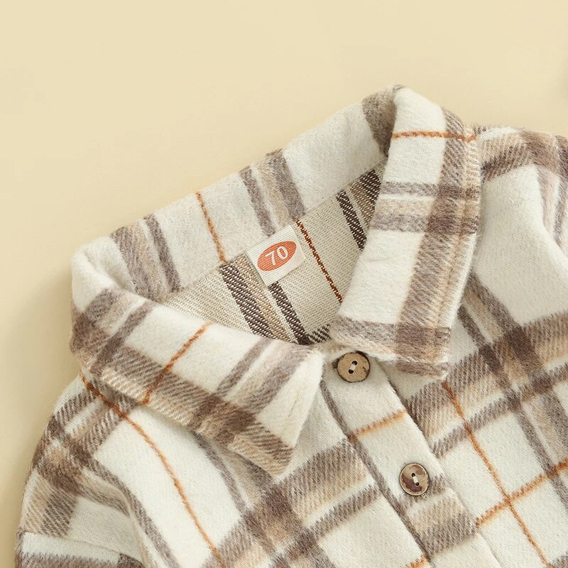 Tavaszi őszi újszülött babaruhák divatos kockás mintás kombiné lányoknak fiúknak hajtóka hosszú ujjú gombos tipegő póló