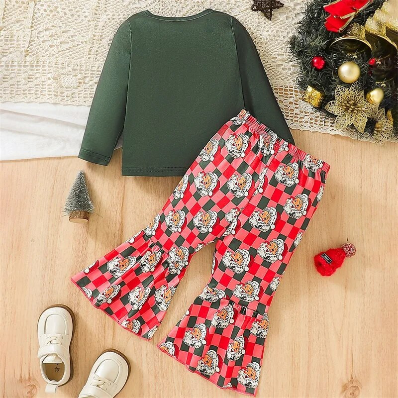 Kislány 2db karácsonyi ruhák hosszú ujjú Mikulás mintás felsők + sakktáblás nadrág szett kisgyermek ruhák