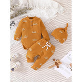 Terno Kid Unisex 0-18 μηνών με μακρύ μανίκι στάμπα και μακρύ παντελόνι με καπέλο σετ βρεφικών ρούχων Παιδικά ρούχα